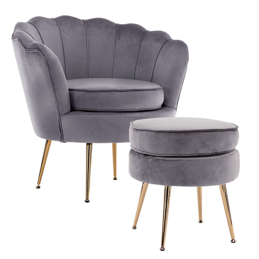 La Bella Armchair Chair Accent Velvet Shell Scallop + Ottoman Footstool Round - Grey