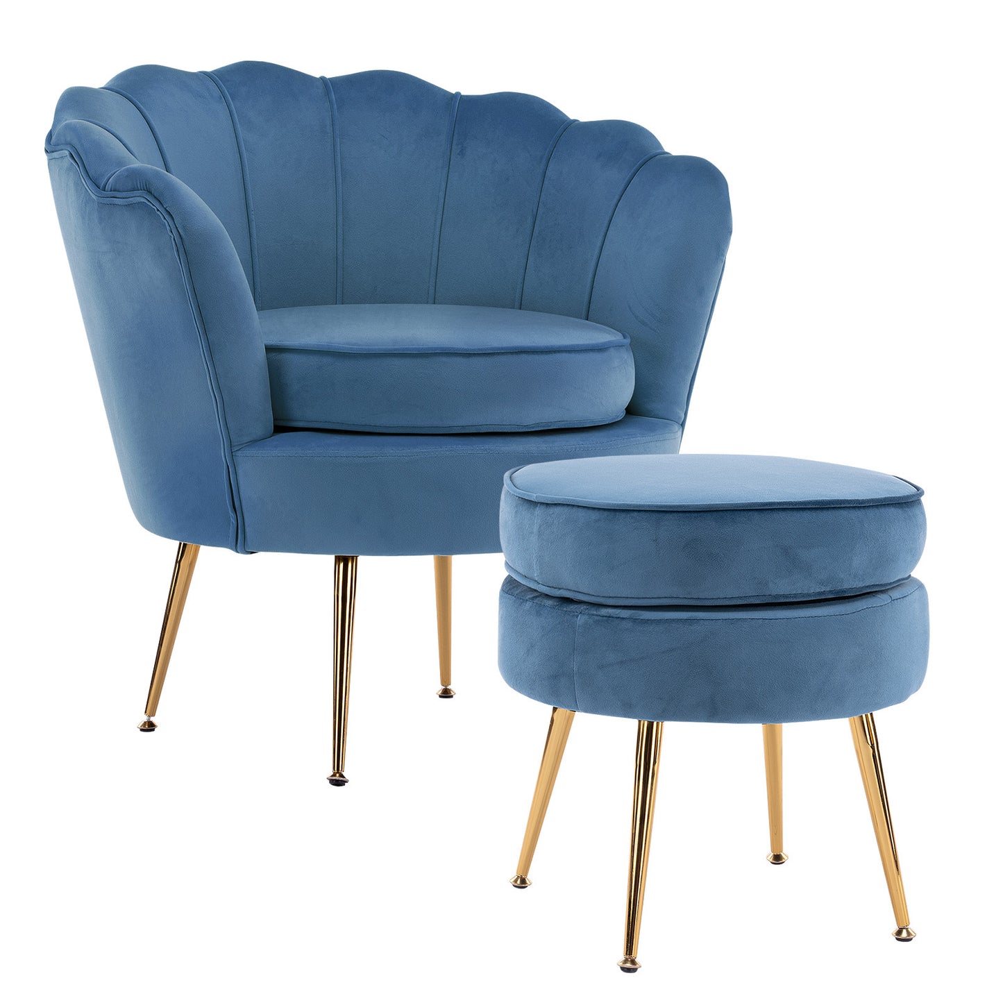 La Bella Armchair Chair Accent Velvet Shell Scallop + Ottoman Footstool Round - Navy Blue