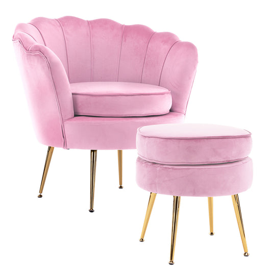 La Bella Armchair Chair Accent Velvet Shell Scallop + Ottoman Footstool Round - Pink