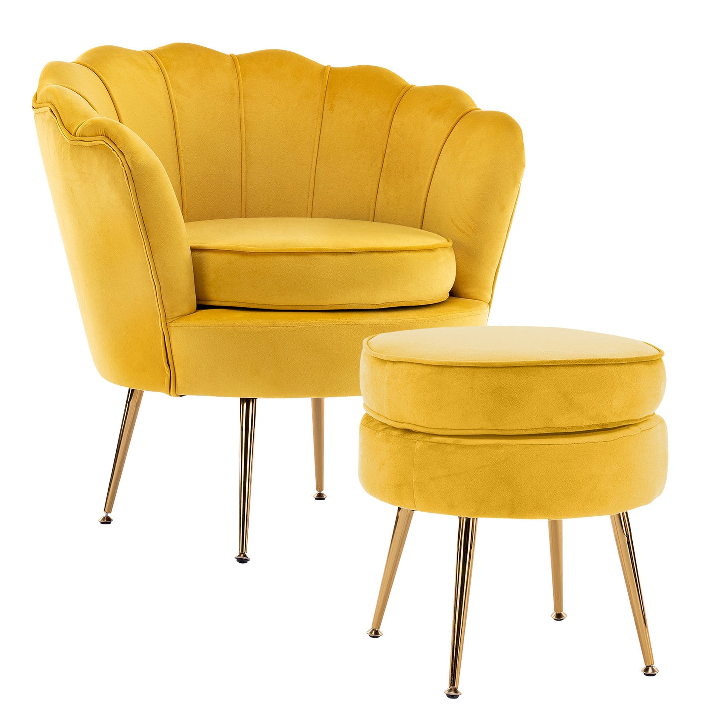 La Bella Armchair Chair Accent Velvet Shell Scallop + Ottoman Footstool Round - Yellow