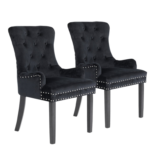 La Bella 2 Set French Provincial Dining Chair Ring Studded Lisse Velvet Rubberwood - Black