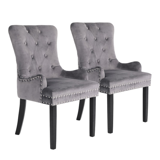 La Bella 2 Set French Provincial Dining Chair Ring Studded Lisse Velvet Rubberwood - Grey