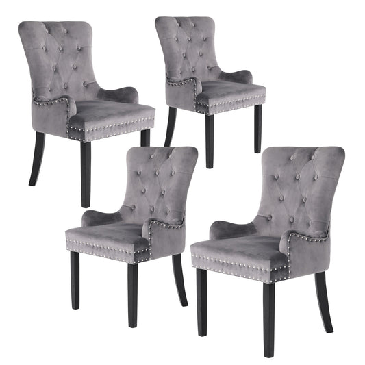 La Bella 4 Set French Provincial Dining Chair Ring Studded Lisse Velvet Rubberwood - Grey