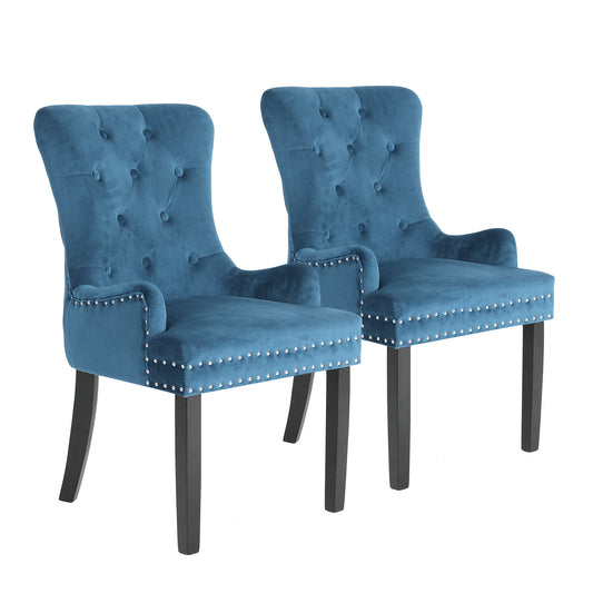 La Bella 2 Set French Provincial Dining Chair Ring Studded Lisse Velvet Rubberwood - Navy Blue