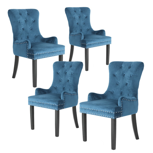 La Bella 4 Set French Provincial Dining Chair Ring Studded Lisse Velvet Rubberwood - Navy Blue