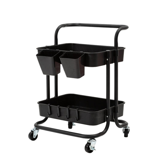 Kandoka Trolley Cart Storage Utility Rack Organiser Swivel Kitchen 2 Tier - Black