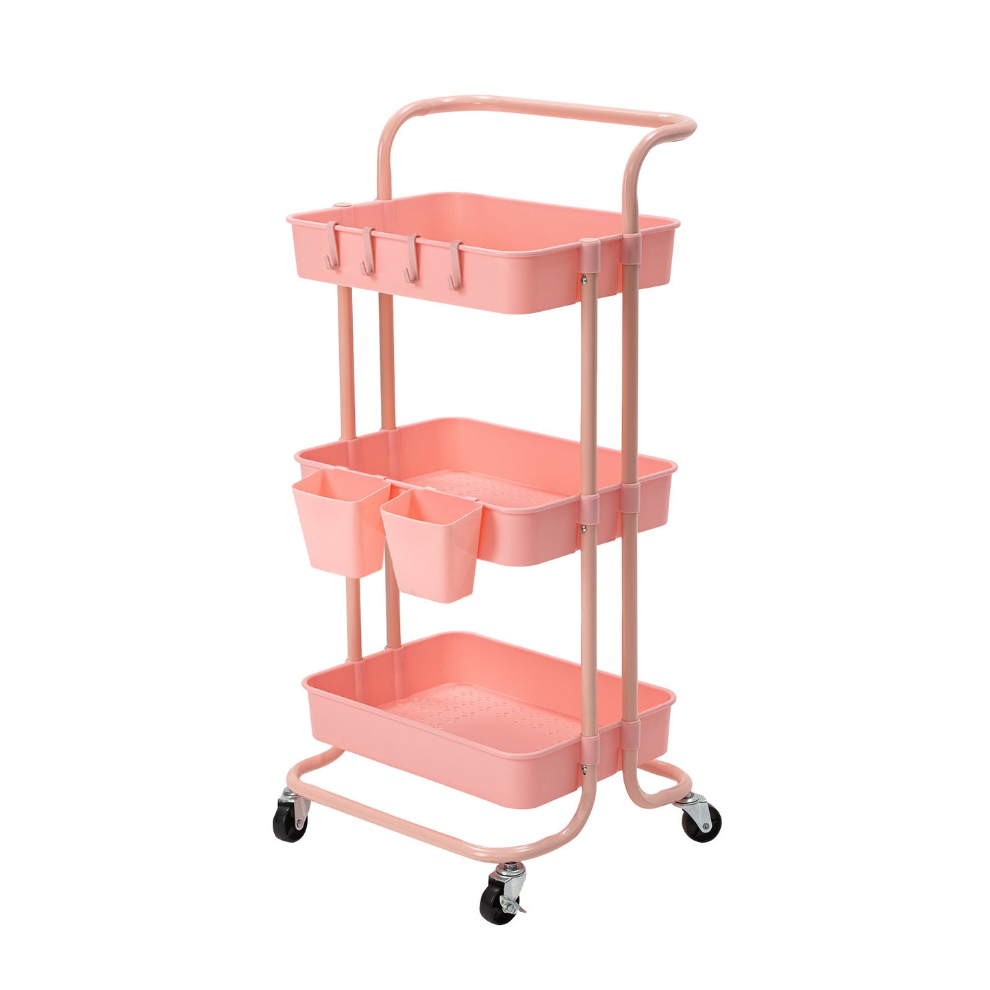 Kandoka Trolley Cart Storage Utility Rack Organiser Swivel Kitchen 3 Tier - Pink