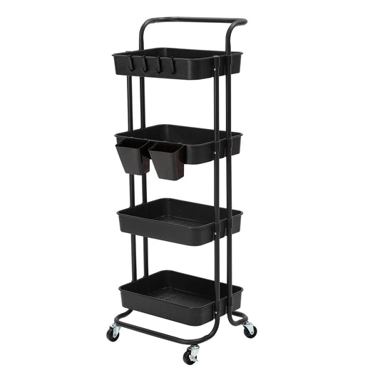 Kandoka Trolley Cart Storage Utility Rack Organiser Swivel Kitchen 4 Tier - Black