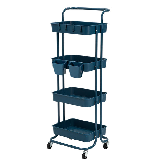 Kandoka Trolley Cart Storage Utility Rack Organiser Swivel Kitchen 4 Tier - Blue