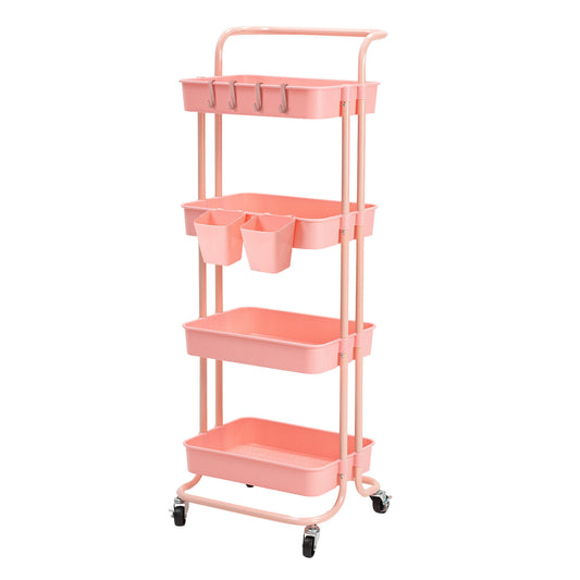 Kandoka Trolley Cart Storage Utility Rack Organiser Swivel Kitchen 4 Tier - Pink