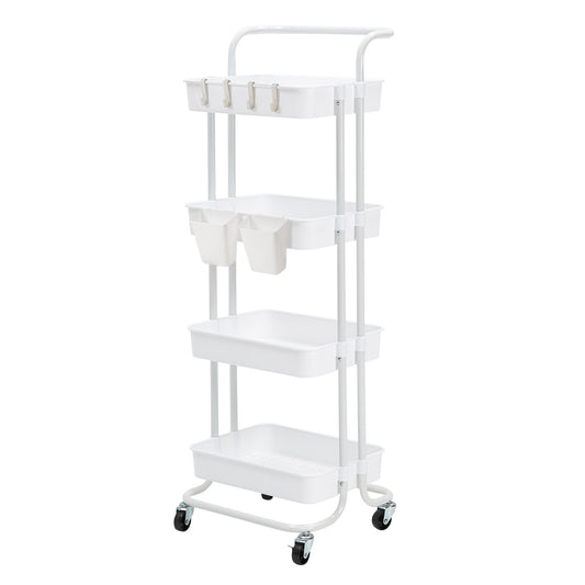 Kandoka Trolley Cart Storage Utility Rack Organiser Swivel Kitchen 4 Tier - White