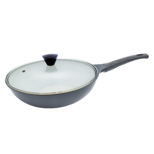 KOMAN Titanium Coating Wok Pan 28cm Non-Stick + Glass Lid