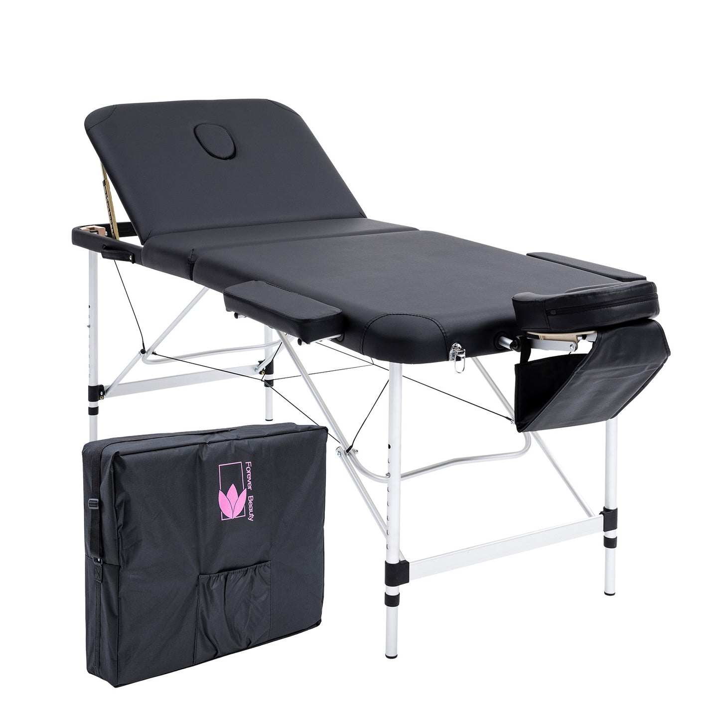 Forever Beauty Portable Beauty Massage Table Bed 3 Fold 70cm Aluminium Therapy Waxing - Black