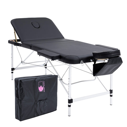 Forever Beauty Portable Beauty Massage Table Bed 3 Fold 75cm Aluminium Therapy Waxing - Black