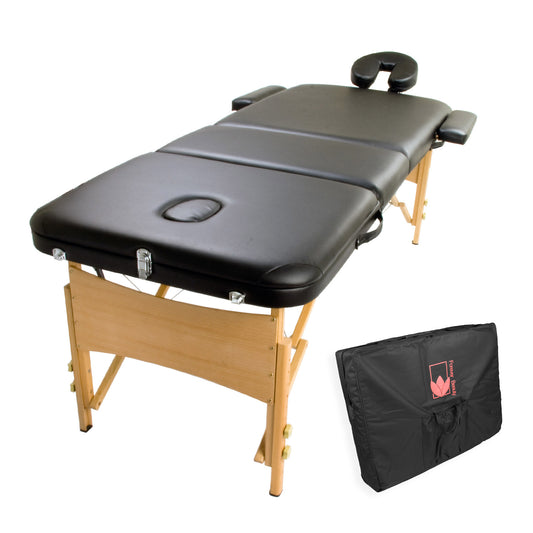 Forever Beauty Portable Massage Table Bed 3 Fold 70cm Wooden Therapy Waxing - Black